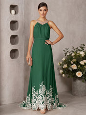 Pink Beaded Ruched Chiffon Halter Sleeveless A-Line Gown Maxi Dress