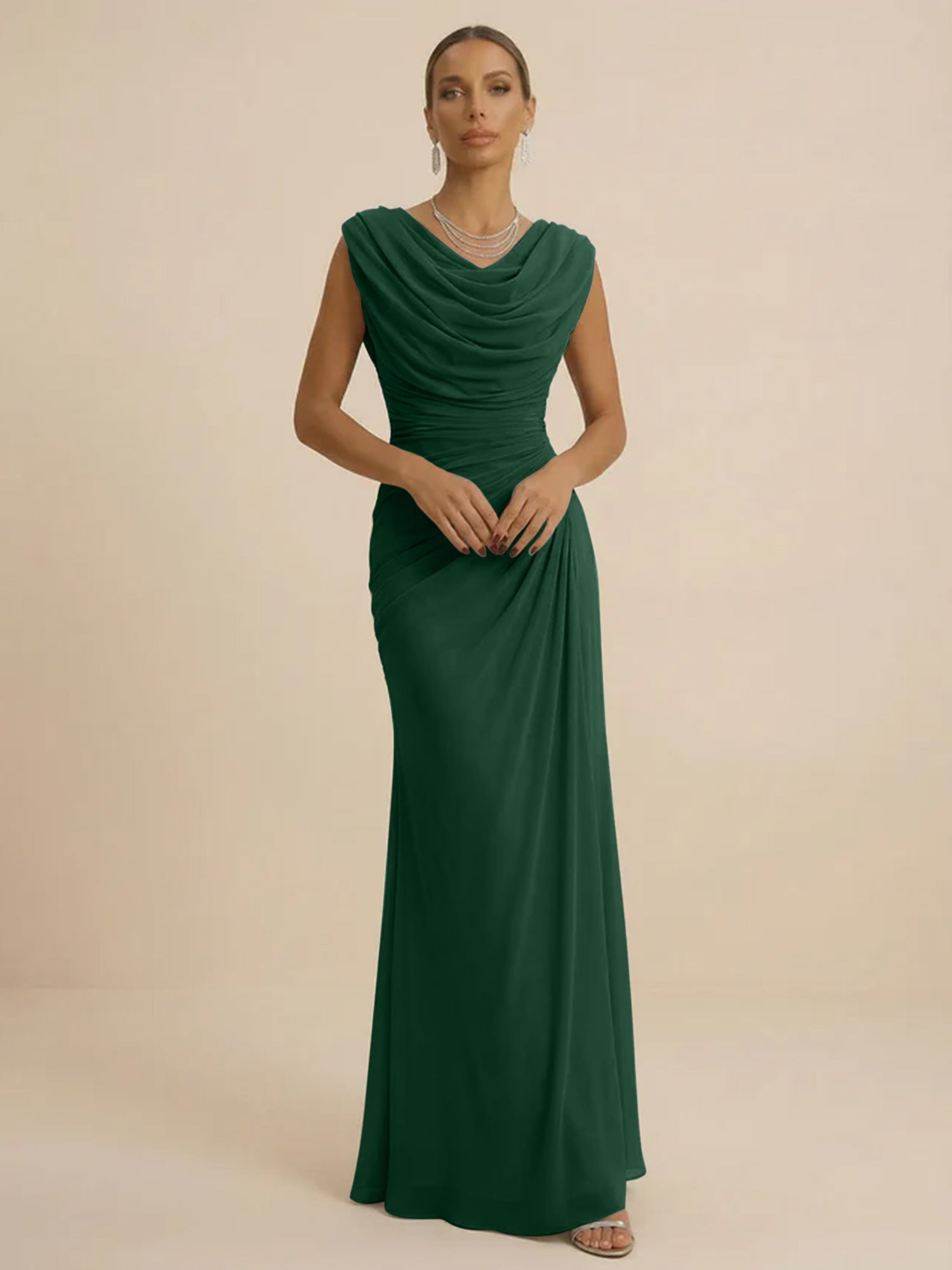 Dusty Grey Draped Cowl Neck Ruched Chiffon Evening Dresses