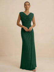 Dusty Grey Draped Cowl Neck Ruched Chiffon Evening Dresses