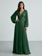 Slate Blue Plunging V-Neck Pleated Long Sleeve Maxi Dress Gown