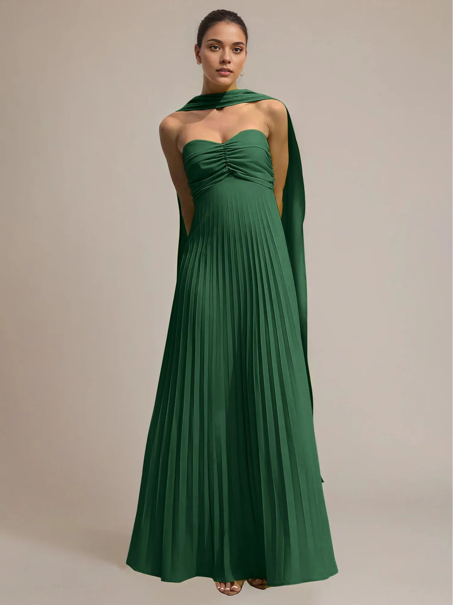 Green Chiffon A Line Off The Shoulder Sleeveless Floor Length Pleated Dress