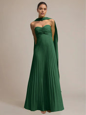Green Chiffon A Line Off The Shoulder Sleeveless Floor Length Pleated Dress