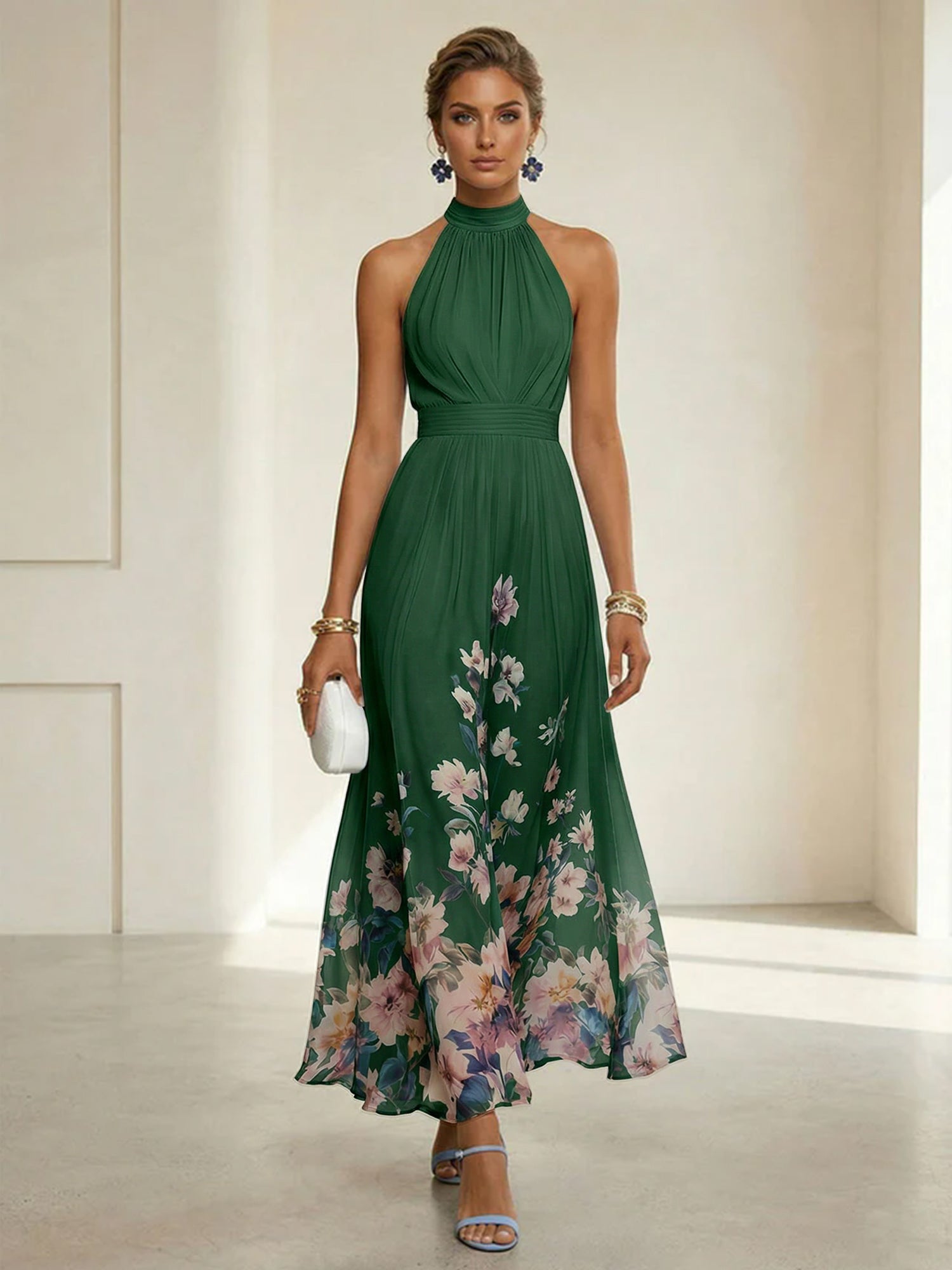Light Blue Floral Chiffon Halter Sleeveless A-Line Maxi Dress Gown