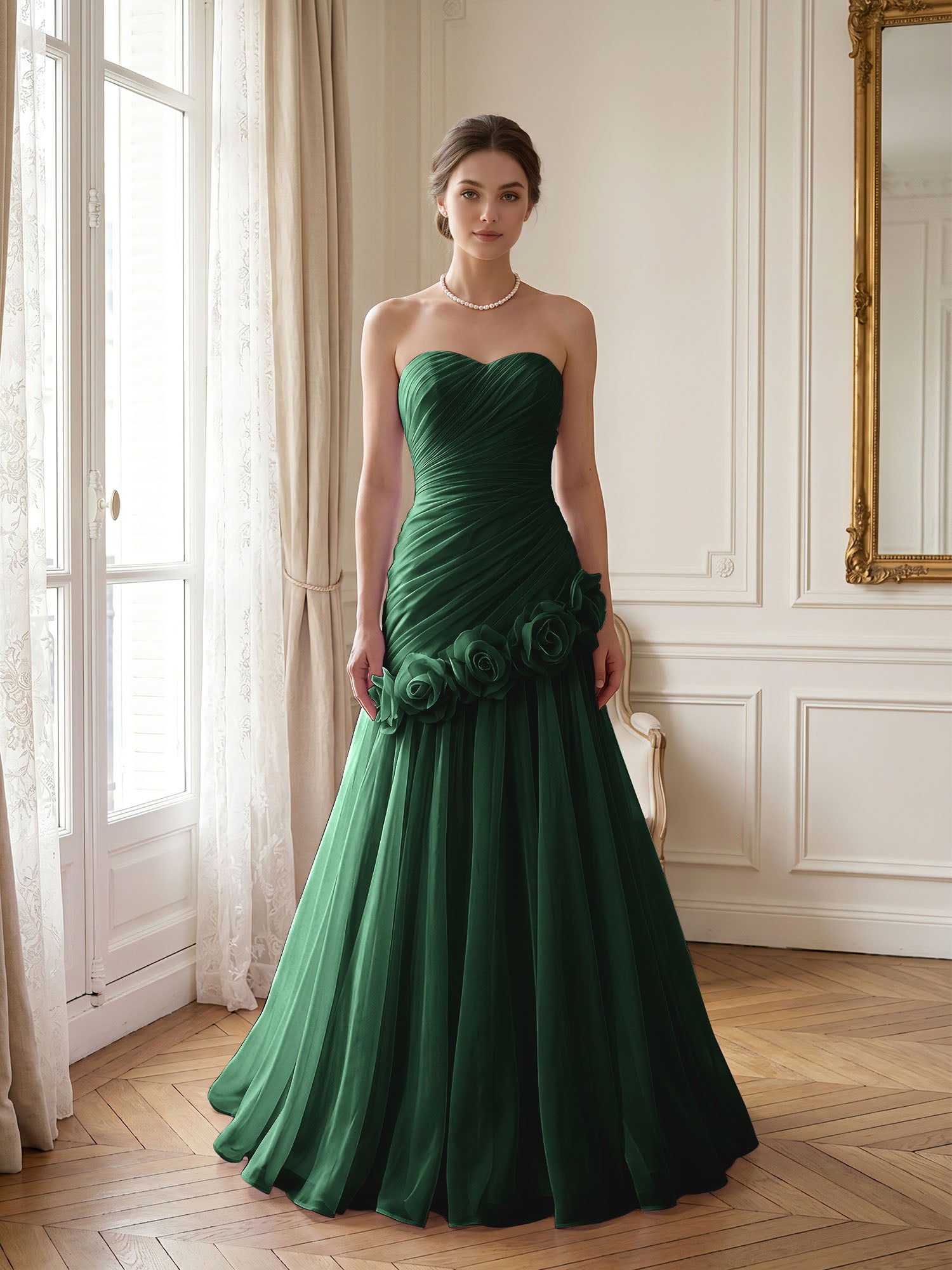 Lilac 3D Rosette Strapless Chiffon Evening Formal Gown Wedding Guest Dress