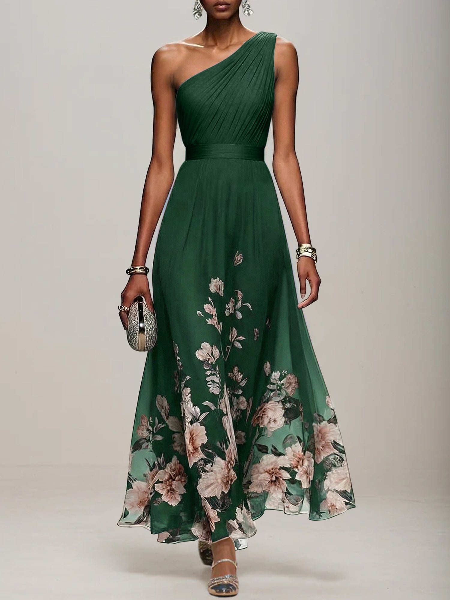 Light Blue Floral Chiffon One Shoulder Sleeveless A-Line Maxi Dress Gown