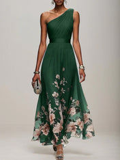 Light Blue Floral Chiffon One Shoulder Sleeveless A-Line Maxi Dress Gown