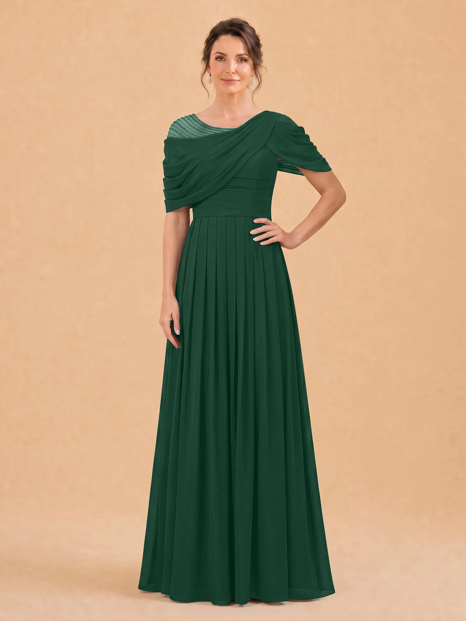 One-Shoulder Cape Overlay Chiffon Mother of the Bride Dress