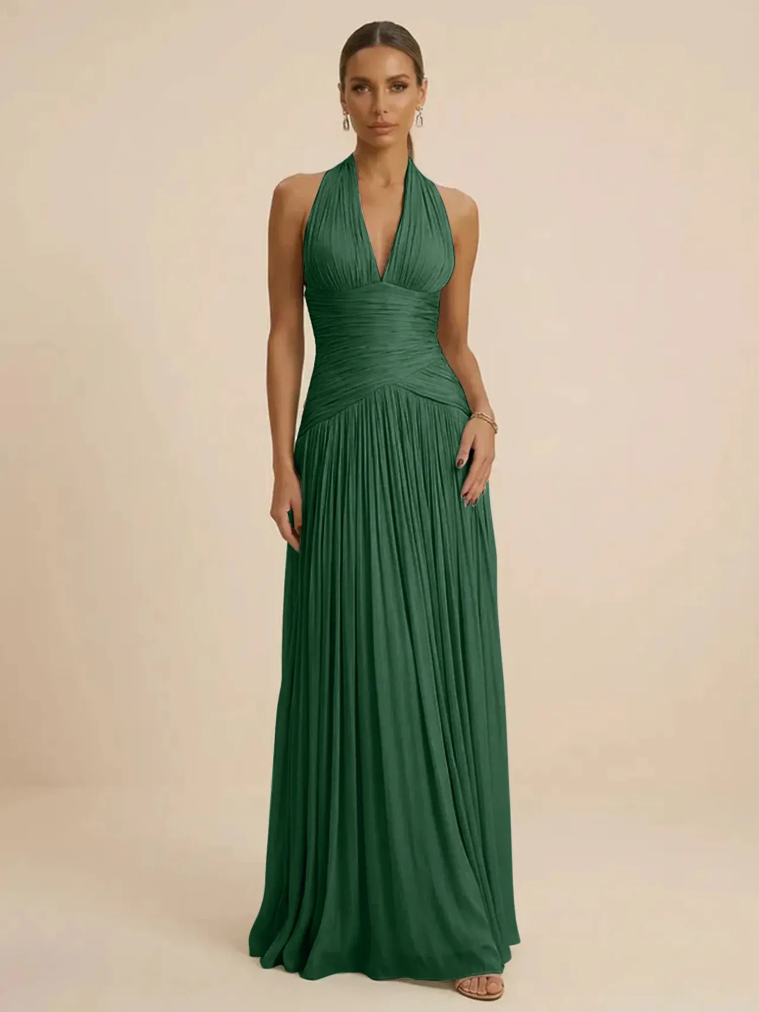 Sage Green Halter Neck Pleated Chiffon Evening Gown with Ruched