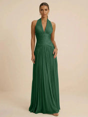 Sage Green Halter Neck Pleated Chiffon Evening Gown with Ruched