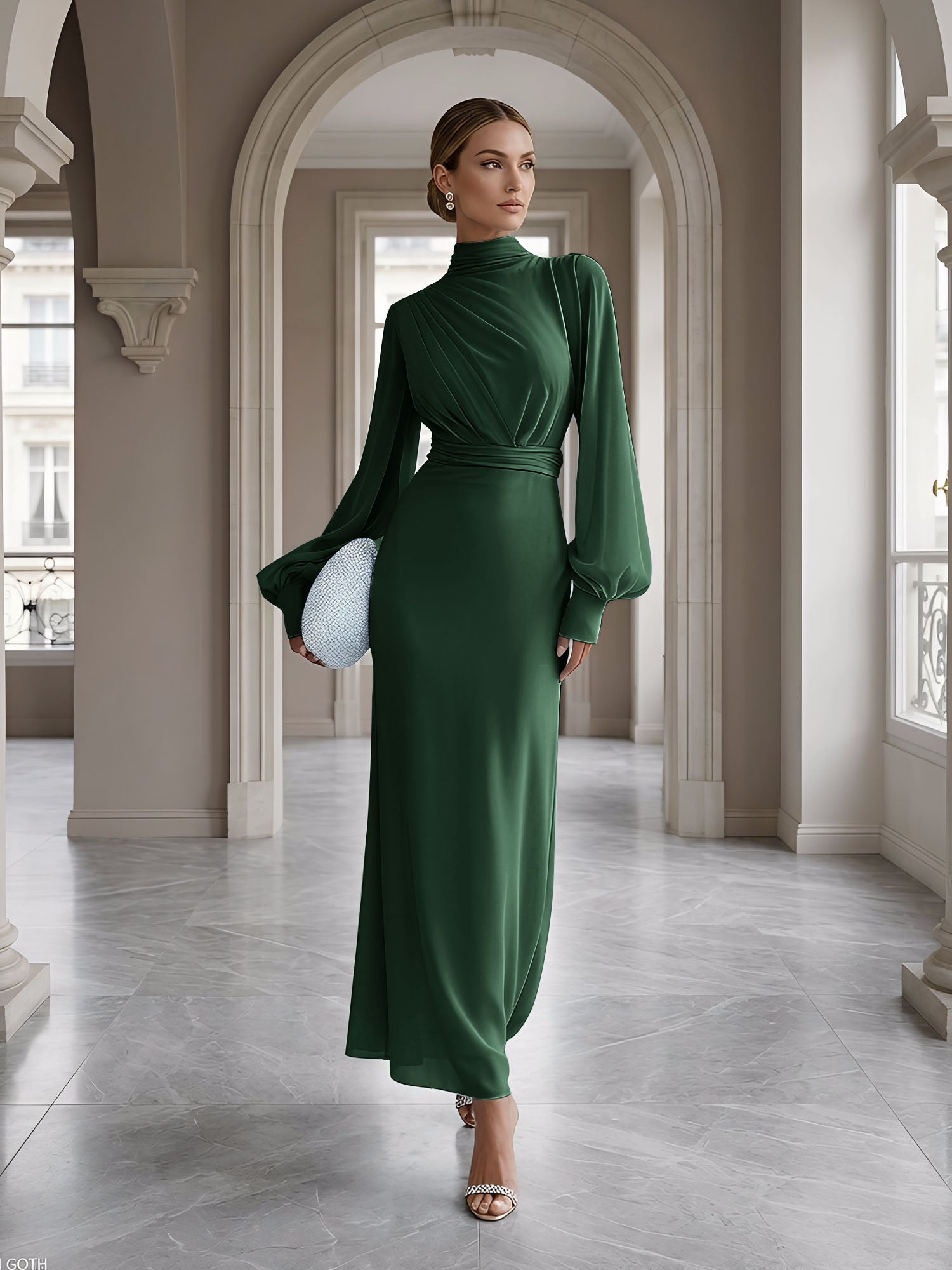 Ice Blue High-Neck Bishop Sleeve Gown Foraml Evening Dress