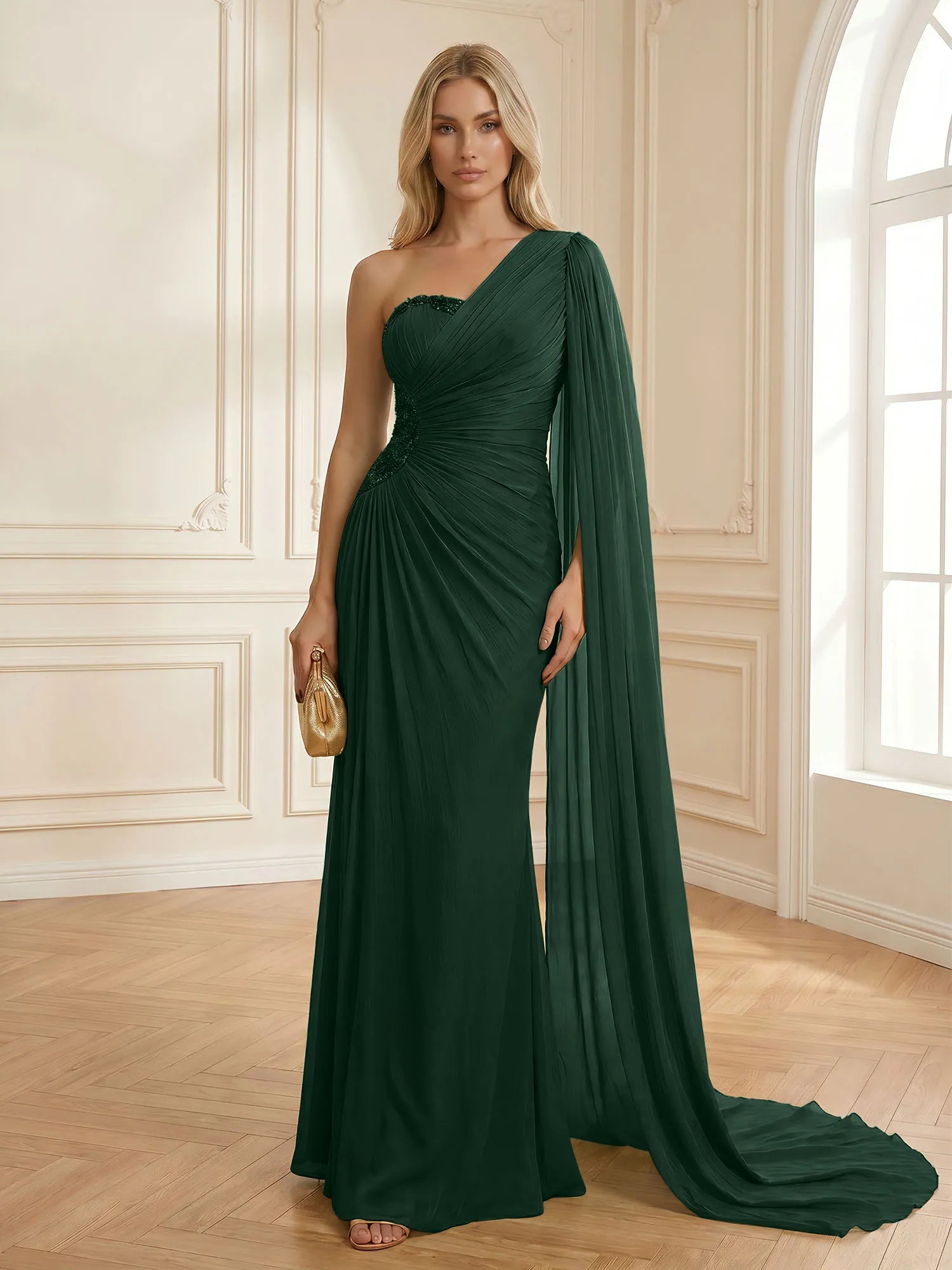 Sage Green One Shoulder Beaded Evening Gown with Cape Sleeve