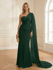 Sage Green One Shoulder Beaded Evening Gown with Cape Sleeve