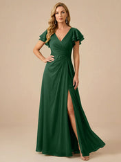 Sage Green V-Neck High-Slit Pleated Chiffon Dress