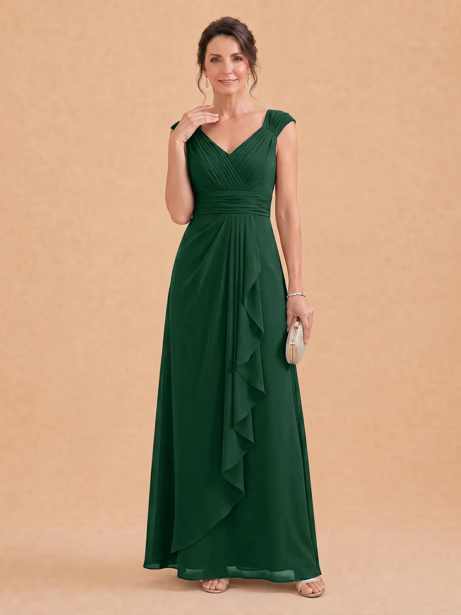 V-Neck Ruched Chiffon A-Line Mother of the Bride Dress with Cascading Ruffle