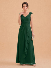 V-Neck Ruched Chiffon A-Line Mother of the Bride Dress with Cascading Ruffle
