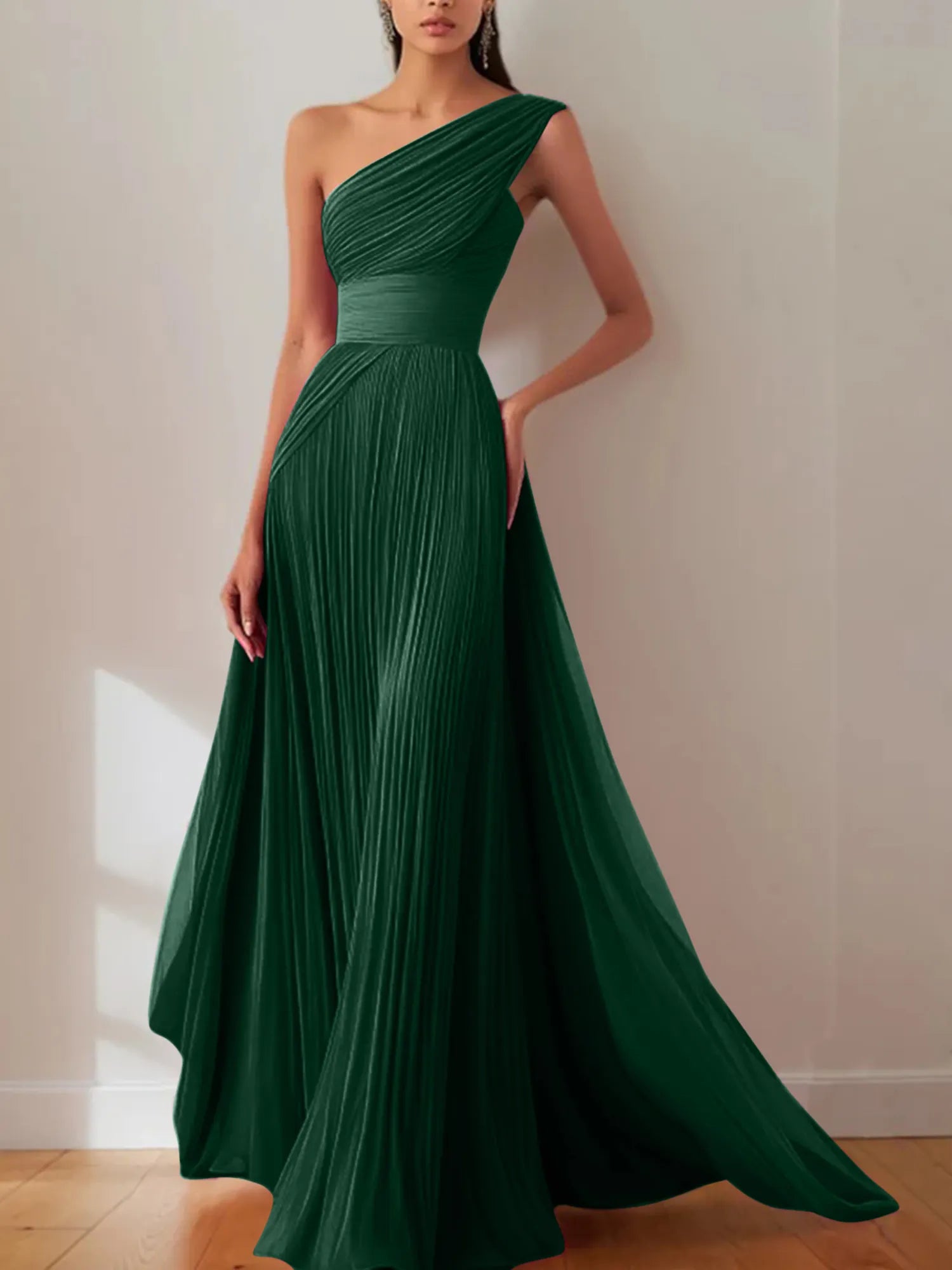 Prom Formal Pleated Dress Rose Color One-Shoulder Maxi Dress
