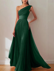 Prom Formal Pleated Dress Rose Color One-Shoulder Maxi Dress
