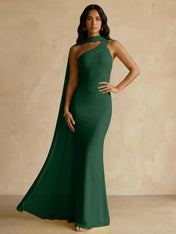 Yellow One-Shoulder Crepe Sheath Gown with Flowing Chiffon Cape Train