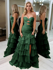 Yellow Strapless Mermaid Cutouts Ruffled Tiered Corset Back Prom Dress with Slit