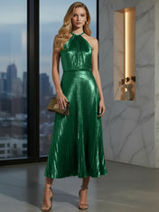 Luxurious Champagne-Gold Pleated Halter Midi Prom Dress