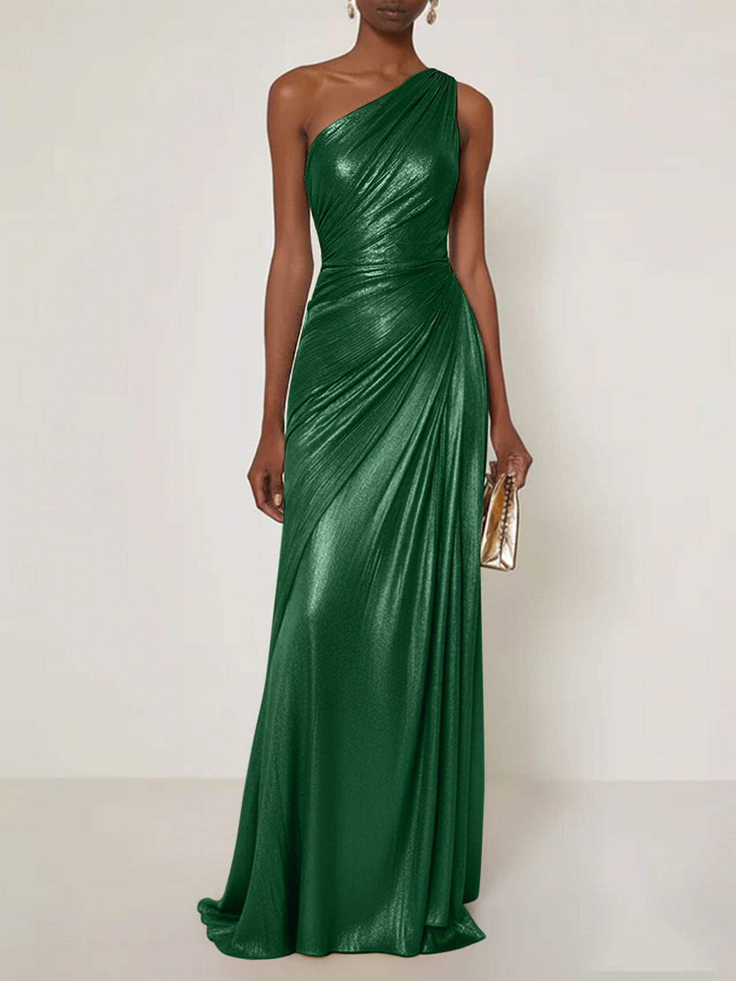 Evening Formal Dress One Shoulder Silk Ruffles Maxi Dress
