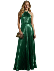 Luxurious Champagne-Gold Pleated Halter Long Prom Dress