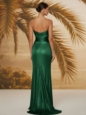 Evening Formal Dress V Neck Silk Ruffles Strapless Maxi Dress