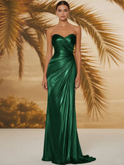 Evening Formal Dress V Neck Silk Ruffles Strapless Maxi Dress