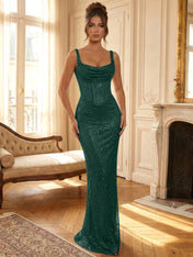 Sparkly Blue Shimmer Cowl Neck Corset Prom Dress