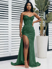 Glitter Orange Strapless Mermaid Sequined Long Prom Dress with Slit