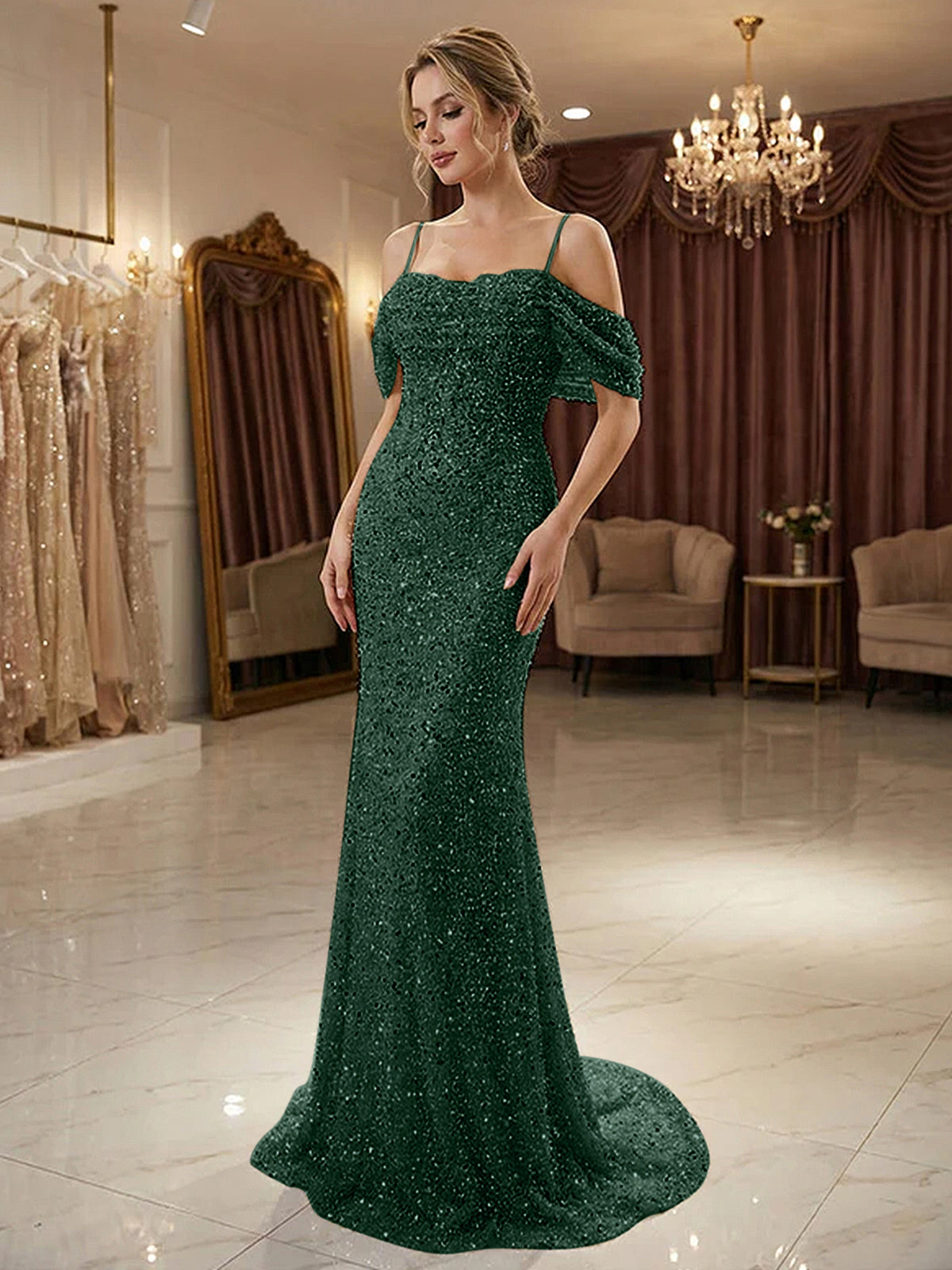 Sparkly Champagne Beaded Off-the-Shoulder Mermaid Long Prom Dress