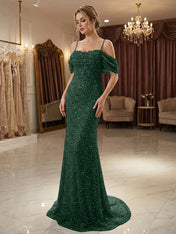 Sparkly Champagne Beaded Off-the-Shoulder Mermaid Long Prom Dress