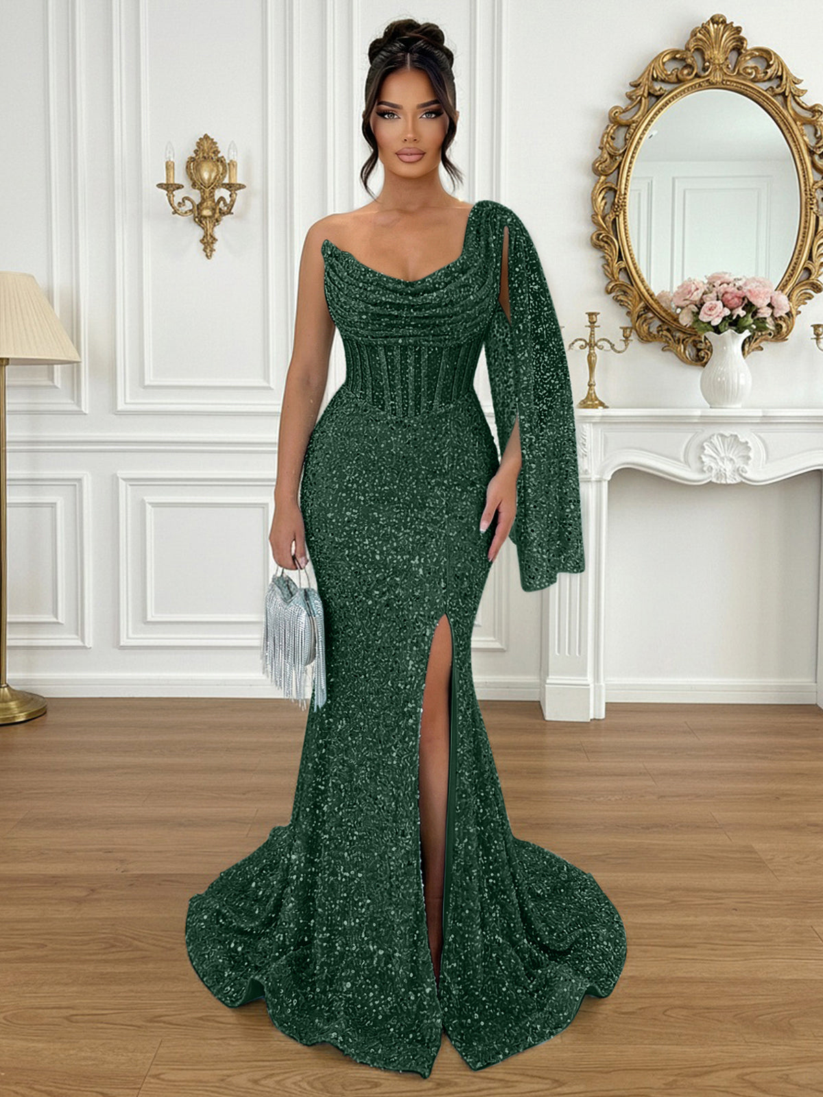 Glamorous Ice Blue One-Shoulder Sequin Corset Mermaid Prom Dresses with Slit