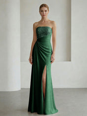 Glamorous Formal Evening Dress Soft Blush Beaded Strapless Slit Gown