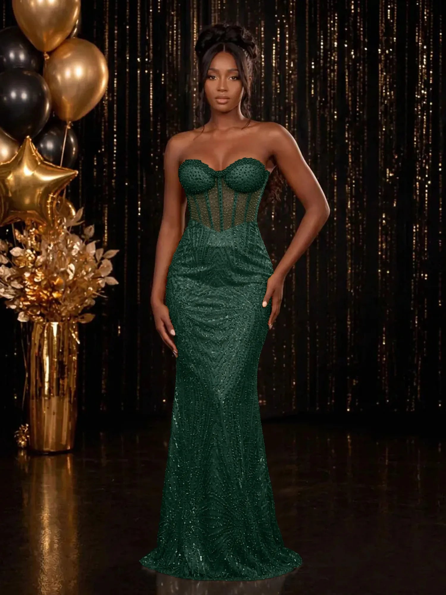 Strapless Sequin-Accented Mermaid Prom Dress with High Slit