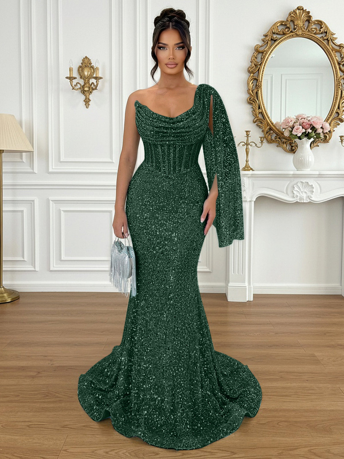 Glamorous Ice Blue One-Shoulder Sequin Corset Mermaid Prom Dresses