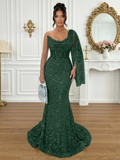 Glamorous Ice Blue One-Shoulder Sequin Corset Mermaid Prom Dresses