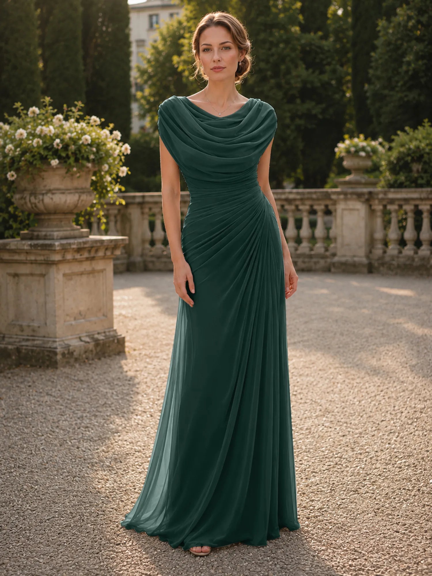 Cowl Neck Mermaid Evening Dresses with Flowing Floor-Length Skirt