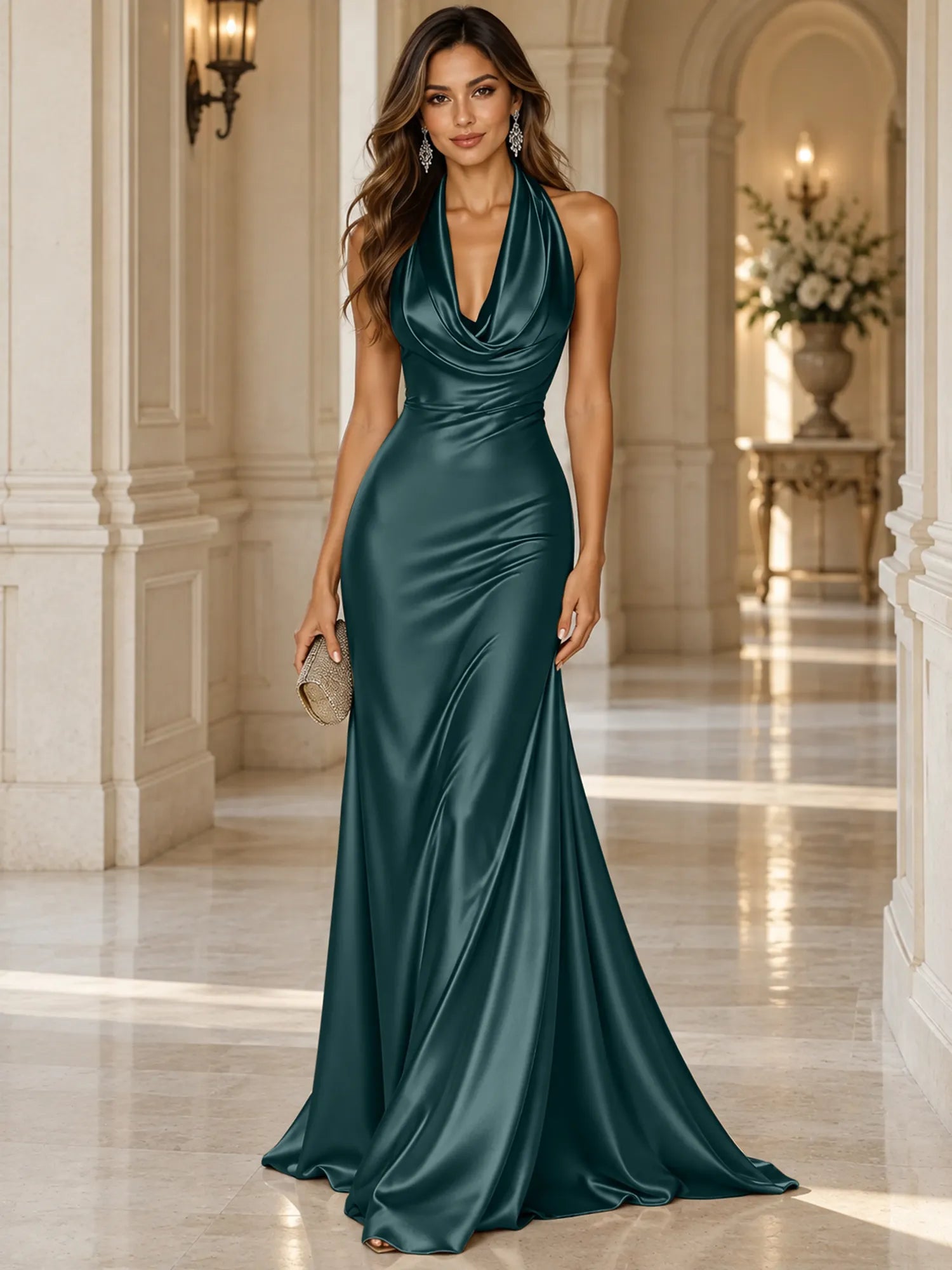 Elegant and Luxurious Cowl-neck Champagne Gold Satin Maxi Dress