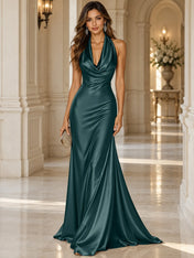 Elegant and Luxurious Cowl-neck Champagne Gold Satin Maxi Dress