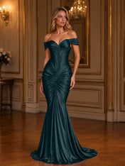 Burgundy Off-The-Shoulder Ruched Mermaid Floor-Length Gown Dress