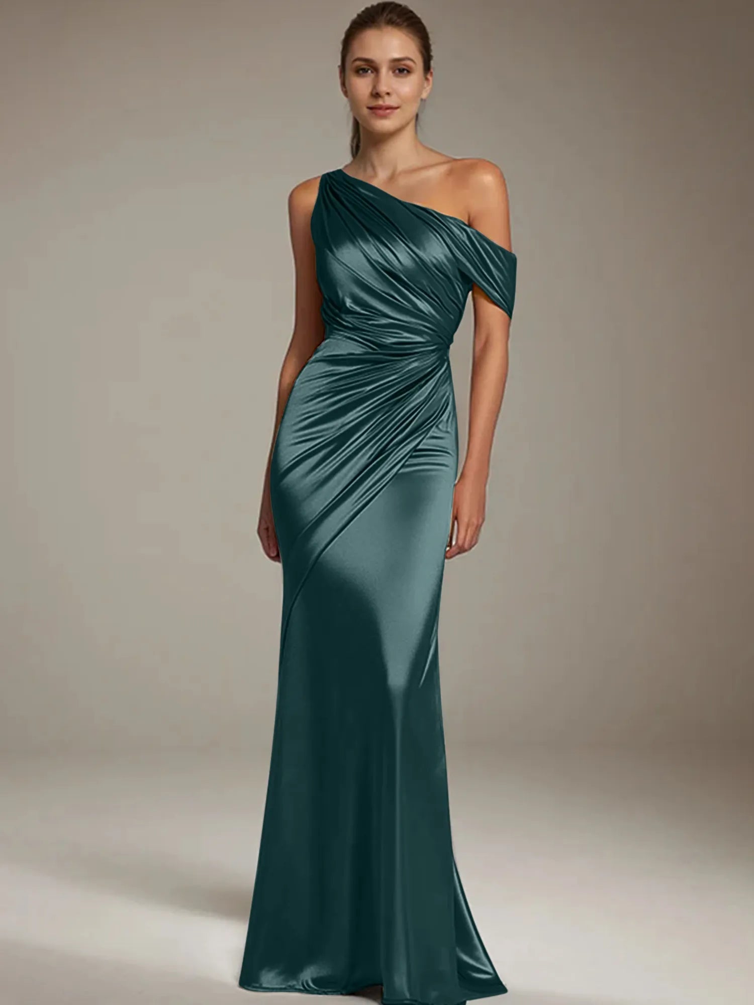 Formal Party Satin Dress Silver One-Shoulder Pleated  Floor-Length Dress