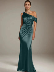 Formal Party Satin Dress Silver One-Shoulder Pleated  Floor-Length Dress