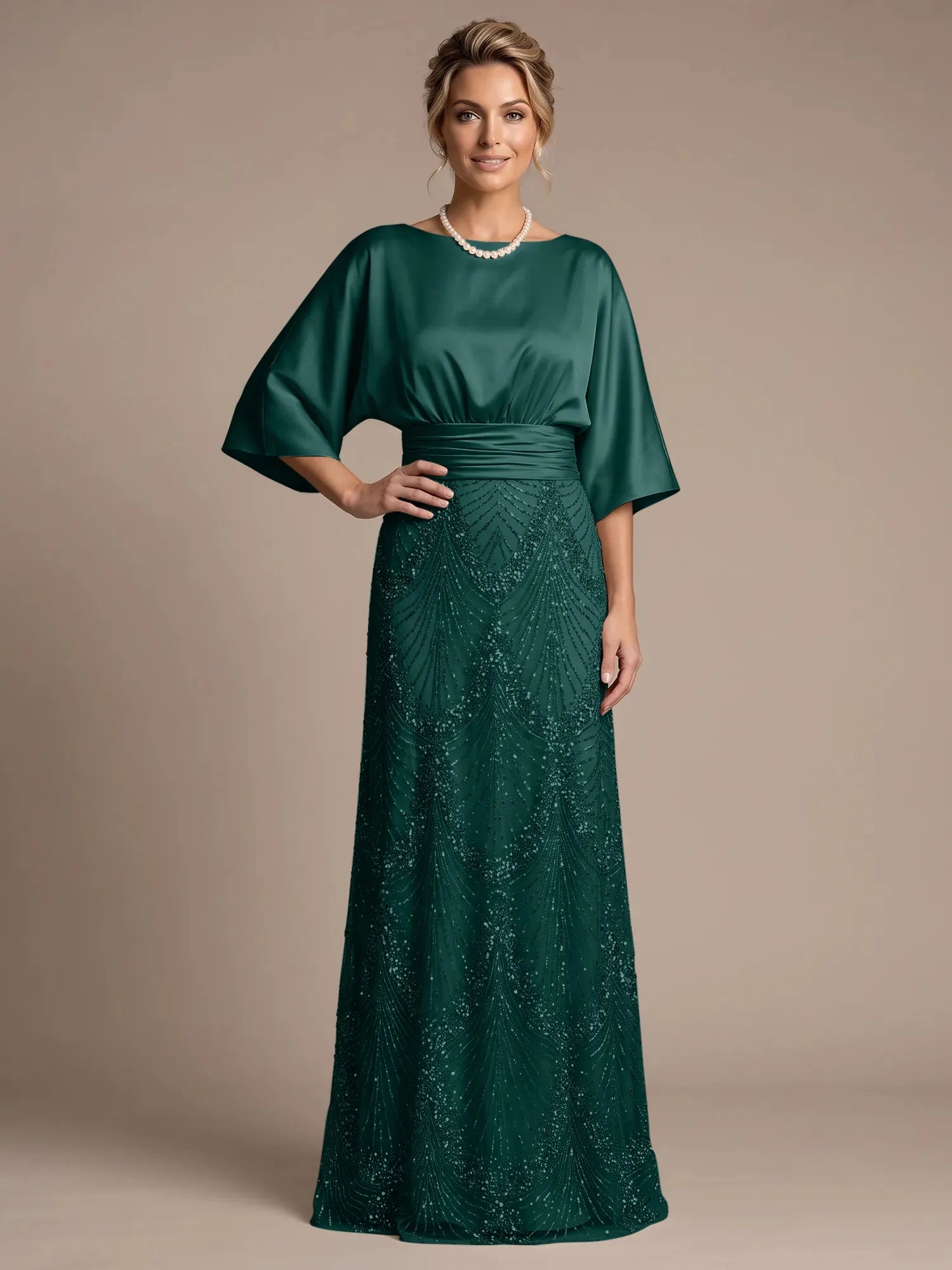 Bateau Neck Satin Evening Gown with 3/4 Batwing Sleeves Mother of The Bride Dresses