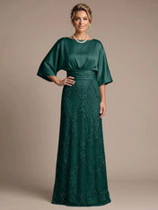 Bateau Neck Satin Evening Gown with 3/4 Batwing Sleeves Mother of The Bride Dresses