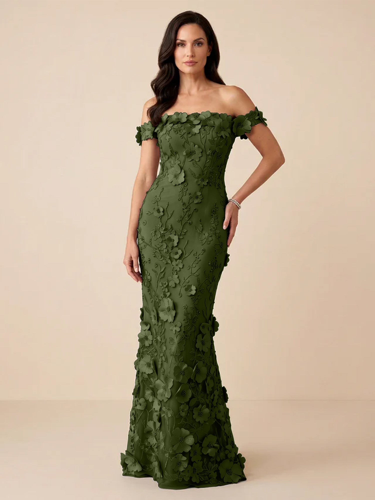 Black Off-the-Shoulder 3D Floral Mermaid Formal Gown Evening Dress
