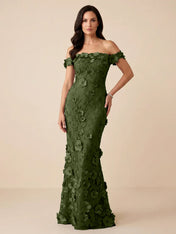 Black Off-the-Shoulder 3D Floral Mermaid Formal Gown Evening Dress