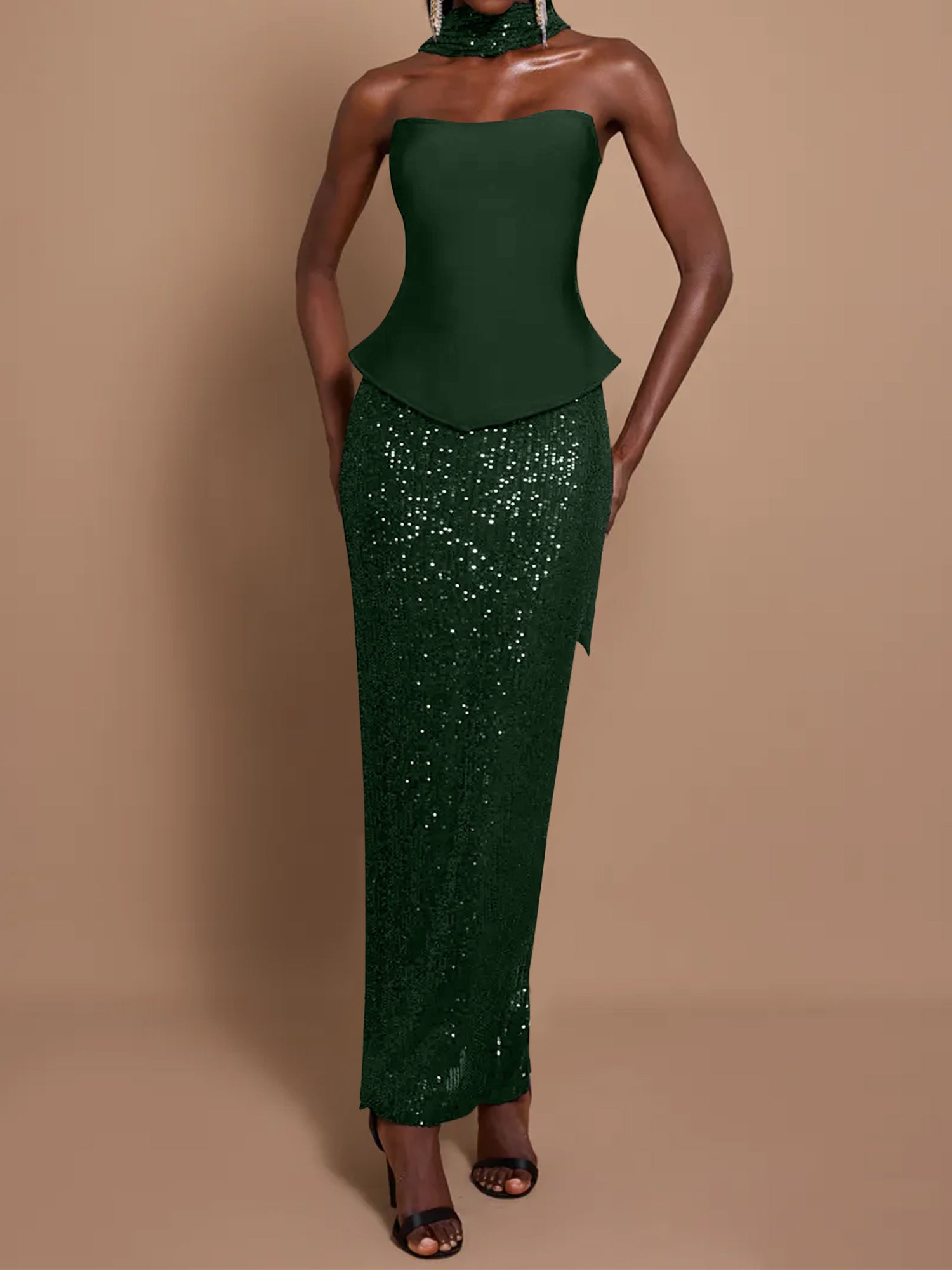 Off-Shoulder Bandage Top & Sequin Midi Skirt Set