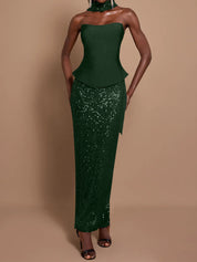 Off-Shoulder Bandage Top & Sequin Midi Skirt Set