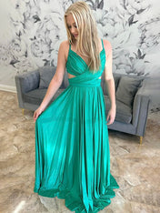 Emerald Green A-Line Spaghetti Strap Pleated Long Formal Dress